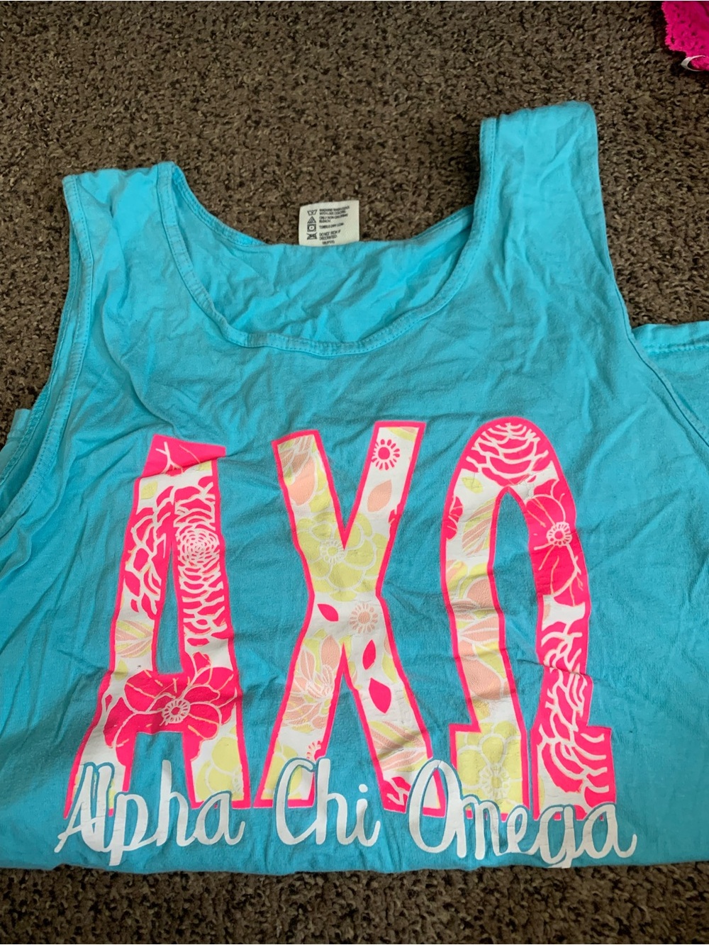 Alpha Chi Omega Comfort Colors Turquoise Tank Top with Pink Floral AXO